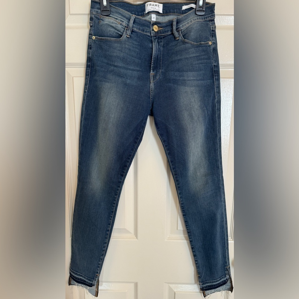 FRAME Le High Skinny Jeans 28 Merrick Blue High Rise Stretch Raw Hem